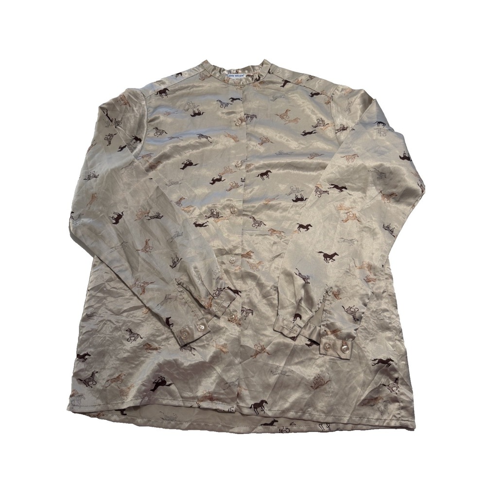 John Meyer Button-Up Shirt Women 10 Gray Good Silk Horse Print Long Sleeve Top